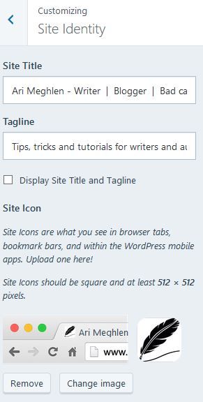 Screenshot of my site title and tagline in the Customization dashboard on WordPress.com