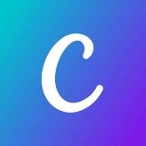 Logo of the graphic design program called Canva. White C on a blue and purple gradient background